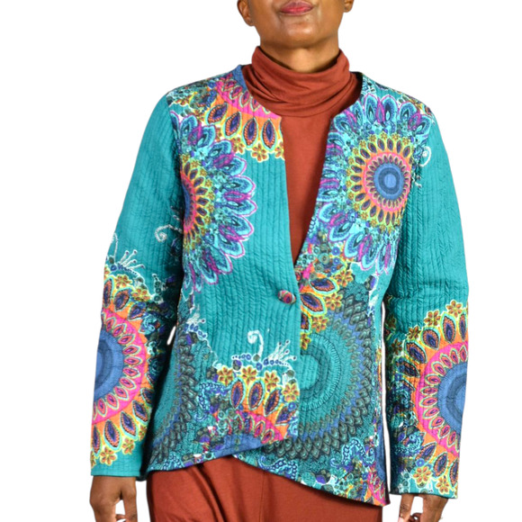 Soft Surroundings Quilted Jacket Green Paisley Cotton Mandala Print Artistic XS - Picture 1 of 17